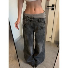 批发美式复古水洗不对称双腰撞色<b class='q'>牛仔</b>裤女设计感小众宽松阔腿长裤