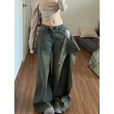 批发美式复古辣妹不规则搭片拼接<b class='q'>牛仔</b>裤子女新款做旧水洗设计感拖地裤