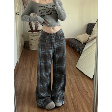 批发美式复古格子休闲牛仔<b class='q'>裤</b><b class='q'>裤</b>子女款2026春季新款高腰<b class='q'>显瘦</b>垂感直筒<b class='q'>裤</b>