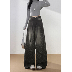 批发设计感浅蓝烫钻闪闪阔腿<b class='q'>牛仔裤</b><b class='q'>女</b>高腰梨形宽松直筒裤子