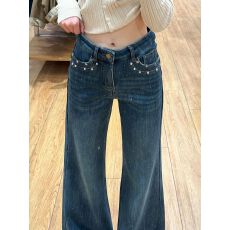 批发美式复古深蓝色满天星带烫钻<b class='q'>微喇</b><b class='q'>牛仔裤</b>女春季2026新款高腰马蹄裤