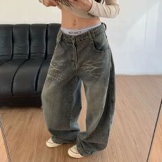 批发美式复古铆钉水洗宽松直筒牛仔裤男女百搭阔腿潮流裤子