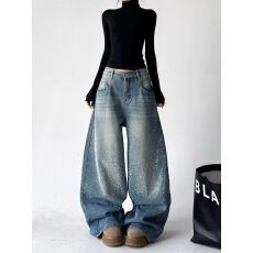 批发耀眼星河烫钻牛仔裤女2026年夏季新款高腰宽松显瘦阔腿堆堆裤