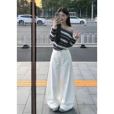 批发韩系一整套ootd穿搭休闲风巨好看条纹斜肩上衣阔腿裤两件<b class='q'>套装</b>26春