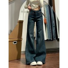 满天星烫钻钉珠微喇牛仔裤女春季2026新款高腰宽松不贴腿喇叭裤子