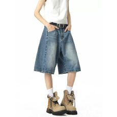 批发同款直筒牛仔中裤<b class='q'>男</b>女夏季新款潮牌vintage阔腿弯刀五分<b class='q'>裤子</b>