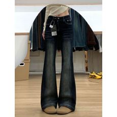 批发蓝灰色微喇牛仔<b class='q'>裤</b>女2026春夏新款美式复古中低腰不贴腿直筒喇叭<b class='q'>裤</b>