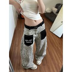 批发美式豹纹贴布口袋牛仔裤男<b class='q'>女</b>baggy宽松复古街头阔腿弯刀休闲长裤
