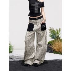 批发美式复古豹纹拼接牛仔裤女男2026春季新款小众宽松阔腿弯刀<b class='q'>休闲裤</b>