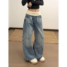 批发美式复古设计感螺纹腰头牛仔裤子女辣妹做旧水洗宽松直筒拖地<b class='q'>长裤</b>