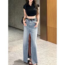 批发复古前开叉牛仔半身裙女2026夏季新款设计感高腰中长款a字包臀裙
