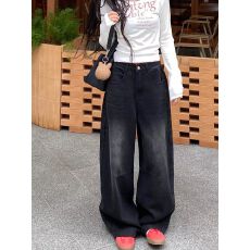批发美式复古黑灰色阔腿牛仔裤女高腰宽松显瘦百搭直筒拖地<b class='q'>长裤</b>