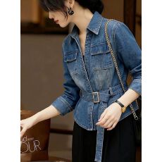 批发韩系蓝色收腰显瘦<b class='q'>牛仔</b>外套女春季新款高级感气质翻领短款<b class='q'>夹克</b>上衣