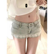 批发美式复古做旧蕾丝拼接热辣牛仔超短裤女夏季辣妹低腰显瘦裙裤