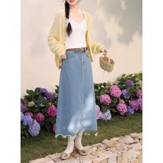 批发蓝色中长款牛仔半身裙女春<b class='q'>复古</b>a字<b class='q'>长裙</b>小个子