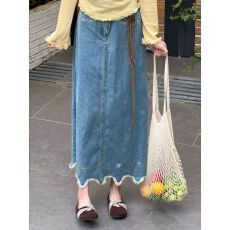 复古刺绣牛仔半身裙女2026春季新款高腰显瘦中长款a字裙