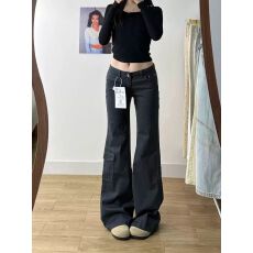 美式复古灰色低腰微喇工装牛仔裤女2026春夏新款显瘦拖地喇叭裤子