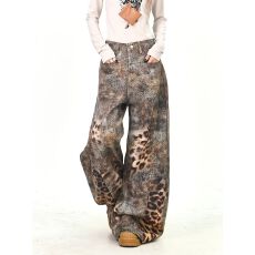 批发美拉德豹纹牛仔裤女2026<b class='q'>春</b>季新款宽松bf美式街头拖地长裤潮