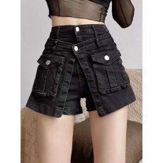 批发辣妹假两件口袋设计感牛仔裙裤女<b class='q'>夏季</b>新款性感显瘦a字短裤