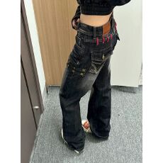 批发美式辣妹个性设计感穿带牛仔<b class='q'>裤子</b>女复古亚文化做旧宽松直筒拖地裤