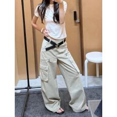 批发多口袋宽松直筒美式复古卡其色工装裤女春水洗休闲<b class='q'>裤子</b>
