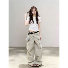 批发多口袋宽松直筒美式复古卡其色工装裤女春水洗休闲<b class='q'>裤子</b>