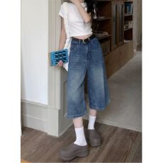 批发美式复古高街牛仔<b class='q'>裤子</b>女春季2026新款别致高腰直筒阔腿七分裤中裤
