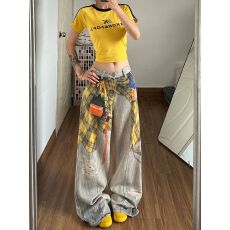 批发美式复古屁帘印花牛仔裤<b class='q'>裤子</b>女款2026春季新款时髦高腰宽松阔腿裤