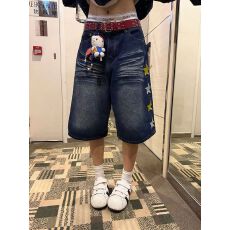批发美式复古星星刺绣水洗牛仔<b class='q'>七分裤</b>夏季<b class='q'>男</b>女宽松休闲百搭<b class='q'>短裤</b>