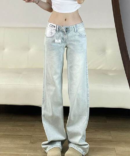 워싱 얕은 얼음 블루 로우 웨이스트 부츠컷 청바지 여성 여름 새로운 루즈핏 슬림해 보이는 캐주얼 바닥 청소 바지