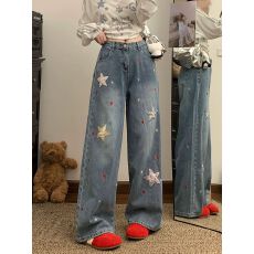 批发美式复古星星贴布牛仔裤女夏季高腰宽松垂感y2k阔腿长裤