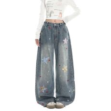 批发美式复古星星贴布刺绣牛仔裤女2026<b class='q'>春</b>季新款宽松阔腿裤街头风长裤
