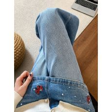批发蓝色小马刺绣重工烫钻牛仔裤女<b class='q'>春</b>季设计感高腰百搭假两件阔腿长裤