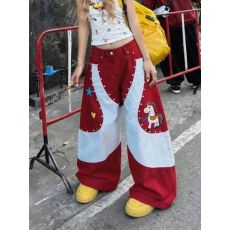 批发美式红拼白撞色牛仔弯刀裤女2026夏季新款宽松高腰直筒阔腿裤