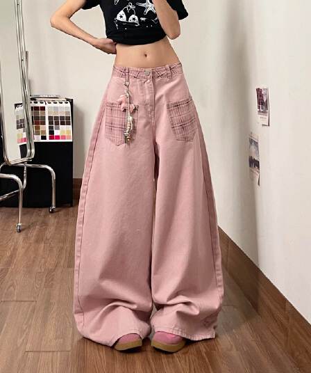 핑크색 체크무늬 패치워크 모통이 칼 청바지 바지 여자 2026 여름 새로운 루즈핏 캐주얼 슬림해 보이는 와이드 레그 팬츠