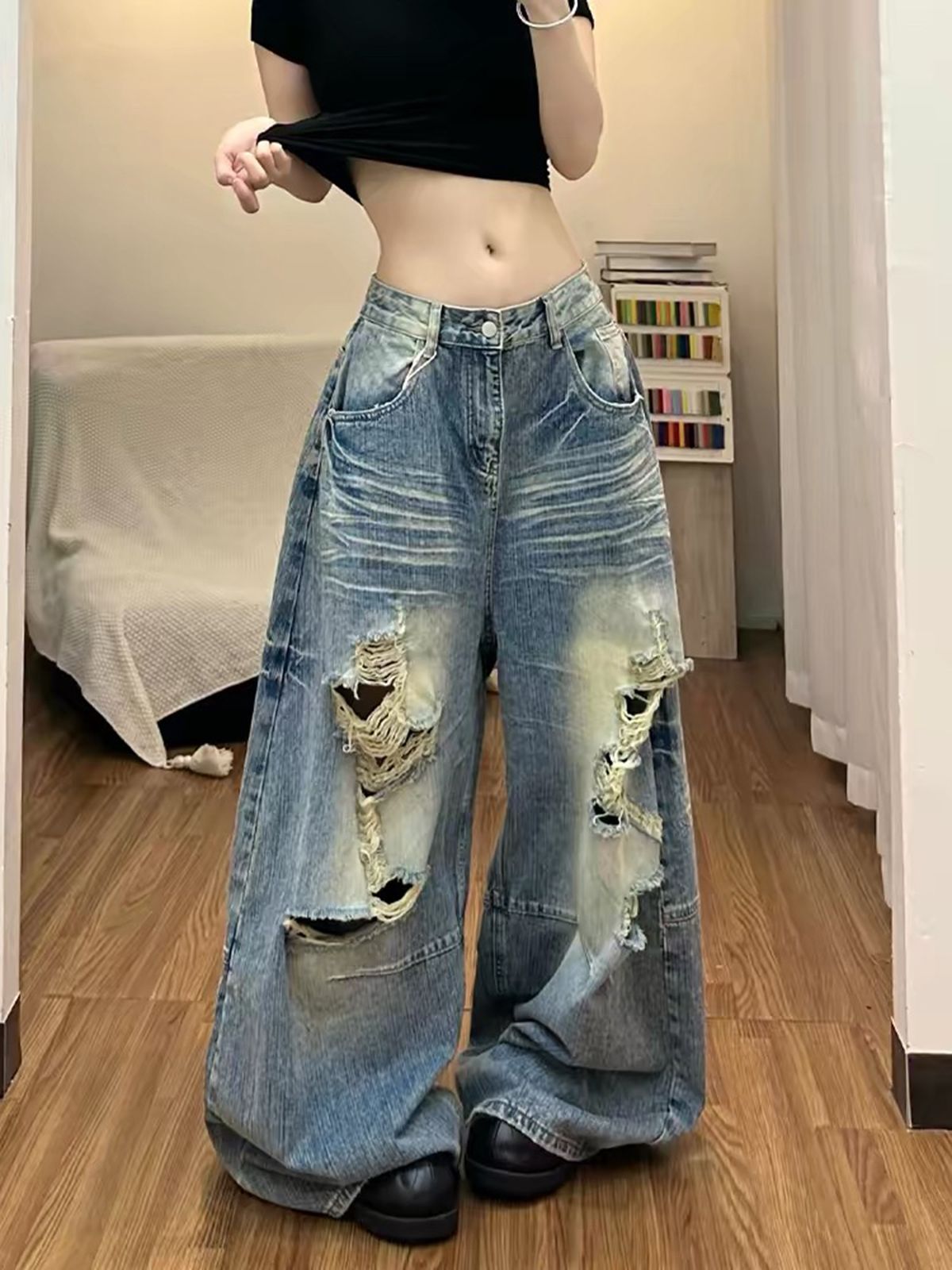 아메리칸 레트로 워싱 마 오래된 찢어진 부분 청바지 아이들 여름 핫걸 루즈핏 bf 느긋한 바람 넓은 다리 바닥 청소 바지