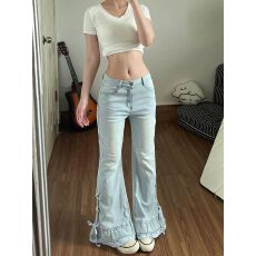 批发浅蓝色蝴蝶结系带微喇叭牛仔裤女<b class='q'>春</b>季2026新款设计感高腰修身长裤