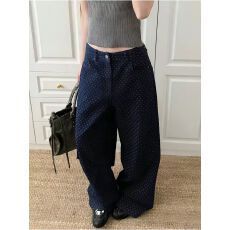 批发美式蓝色波点牛仔裤女<b class='q'>春</b>季弯刀阔腿裤慵懒垂感休闲裤