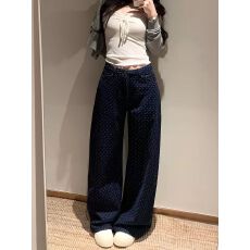 批发美式复古深蓝色波点阔腿牛仔裤女高腰宽松显瘦百搭休闲长裤