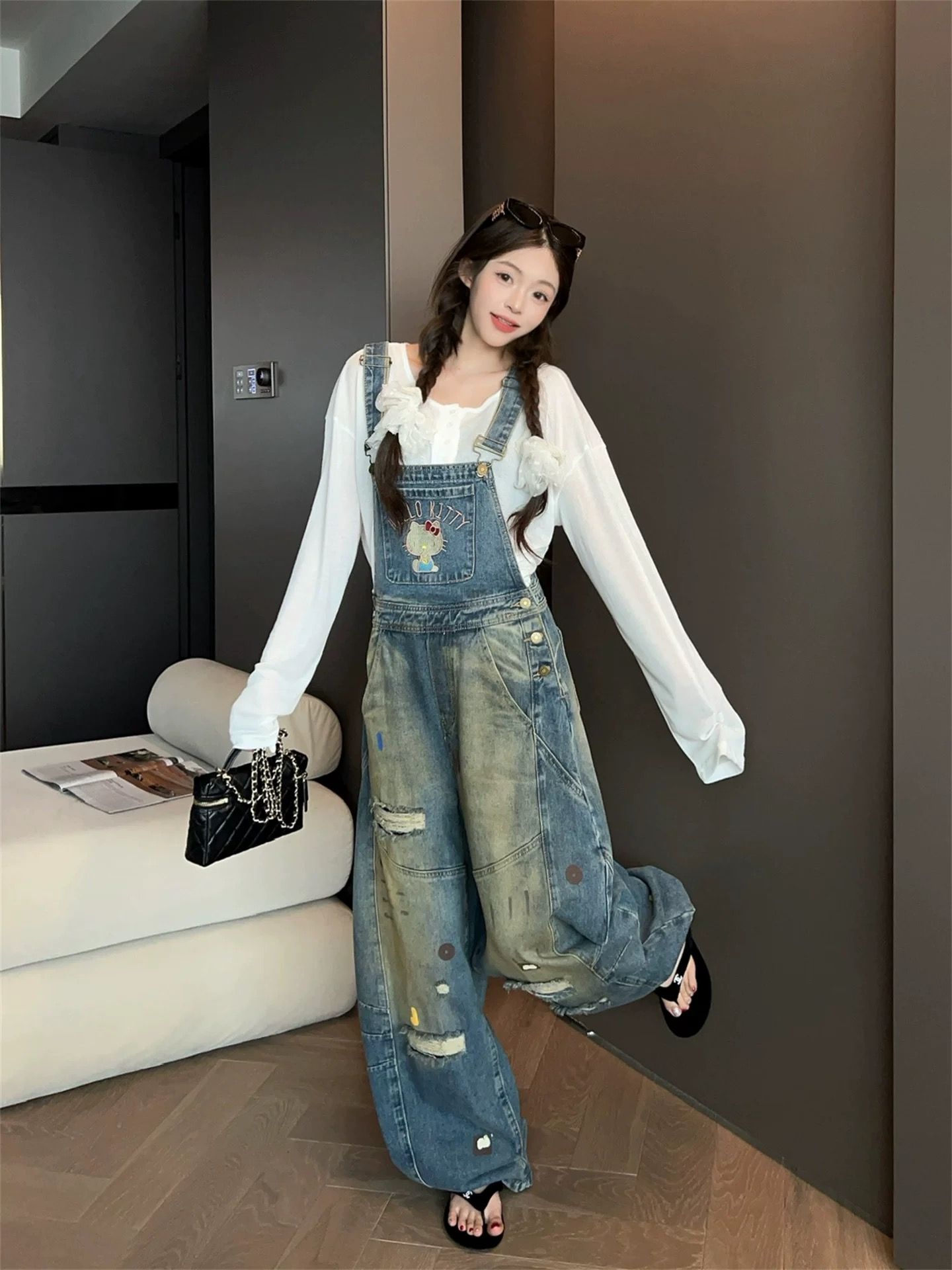 아메리칸 레트로 만화 고양이 자수 데님 멜빵 바지 여성 워싱 찢어진 부분 루즈핏 슬림해 보이는 넓은 다리 모통이 칼 긴 바지