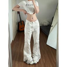 黑色复古做旧翅膀贴布牛仔裤裤子女款2026夏季新款显瘦马蹄喇叭裤