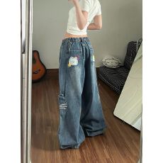 批发童趣卡通刺绣<b class='q'>牛仔</b>裤子女2026春季新款宽松bf风街头宽松阔腿裤<b class='q'>长裤</b>