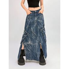 批发复古风重工扎染牛仔<b class='q'>半身裙</b>设计感拼接拉链开叉包臀显瘦长裙