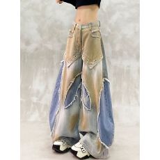 批发<b class='q'>帅气</b>水洗拼接设计牛仔弯刀裤女春新款潮牌高腰宽松显瘦百搭香蕉裤
