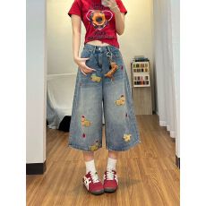 批发趣味小狗刺绣设计感牛仔短裤<b class='q'>女</b>2026春季新款辣妹宽松阔腿七分裤子