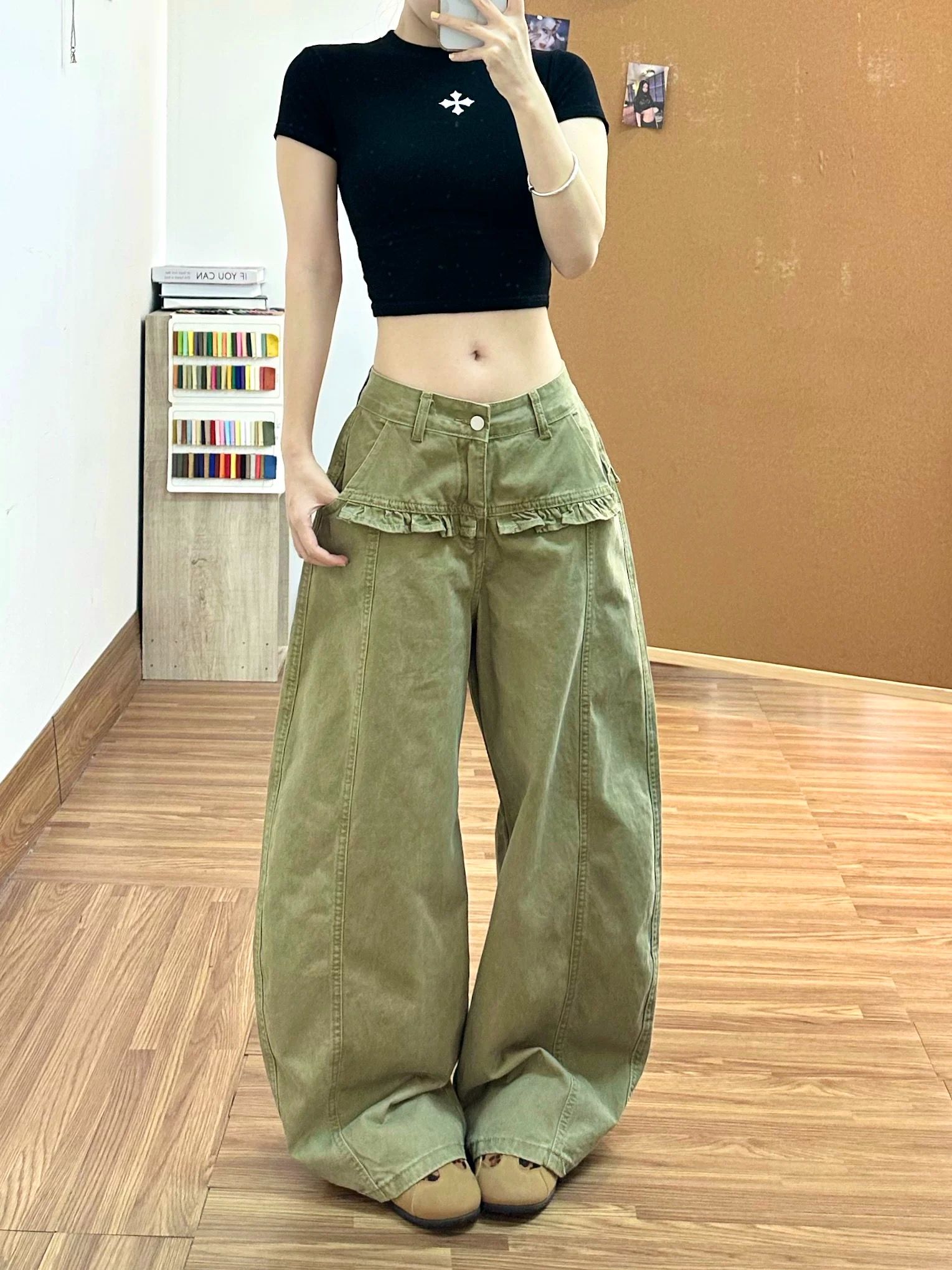 디자인 센스 청바지 여성 새로운 아메리칸 레트로 프릴 방귀 커튼 페이크 레이어드 하나 루즈핏 와이드 레그 팬츠