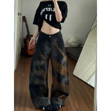 批发韩版夏季新款设计感高腰宽松阔腿裤美式复古豹纹牛仔裤<b class='q'>裤子</b>女款