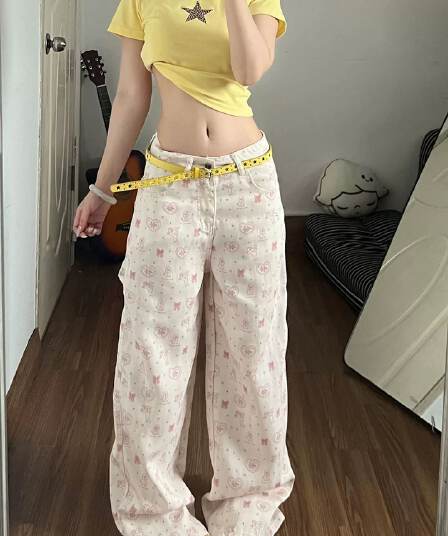 여름 나비 매듭 청바지 여성 얇은 스타일 만화 달콤함 루즈핏 바닥 청소 넓은 다리 높음 거리 다용도 캐주얼 긴 바지
