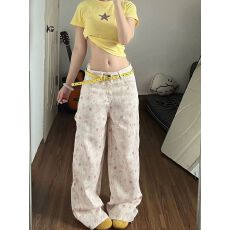 批发蝴蝶结<b class='q'>牛仔裤</b><b class='q'>女</b>夏薄款卡通满印甜美宽松拖地阔腿高街百搭休闲长裤