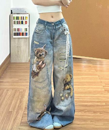 아메리칸 레트로 작은 곰 프린트 스트레이트 청바지 바지 여자 2026 여름 새로운 하이웨이스트 슬림해 보이는 와이드 레그 팬츠